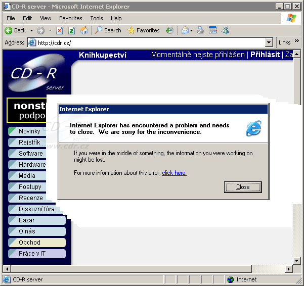 Internet Explorer 6 SP3 (RC1 build 3244) spadl při přístupu na c