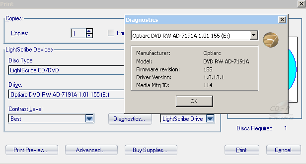 Optiarc AD-7191A - LigtScribe diagnostika