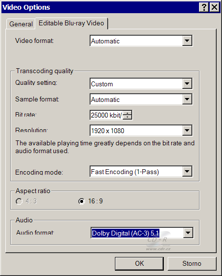 Nero Vision 5 - BD video settings