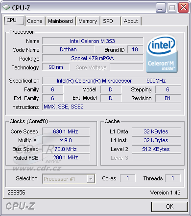 CPU-Z - Podtaktovaný Celeron M 353 v ASUS Eee PC 4G