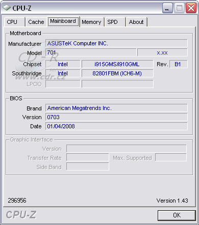 CPU-Z - ASUS Eee PC 4G - informace o čipsetu a desce
