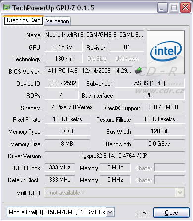 GPU-Z - ASUS Eee PC 4G - informace o integrované grafice v čipse