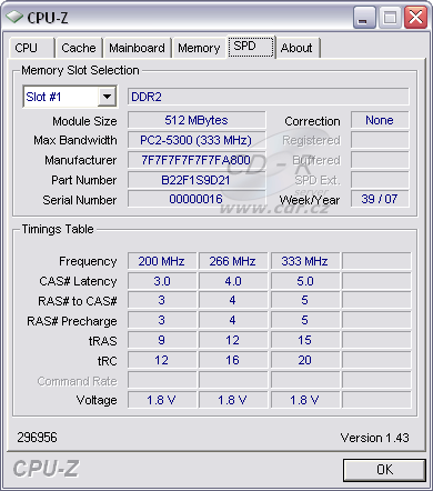 CPU-Z - Informace z SPD paměťového modulu SiS DDR2-667 512MB