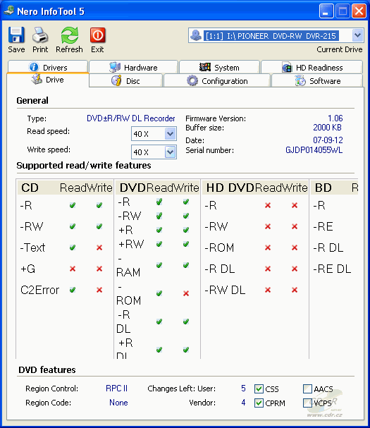 Pioneer DVR-215 - Nero InfoTool