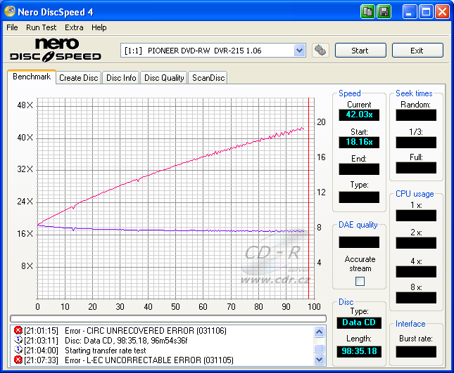 Pioneer DVR-215 - CDspeed čtení CD-R 99 min.