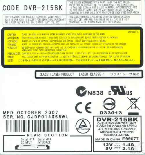 Pioneer DVR-215 - výrobní štítek