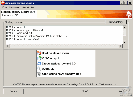 Ashampoo Burning Studio 7 - vypalování souborů: hotovo