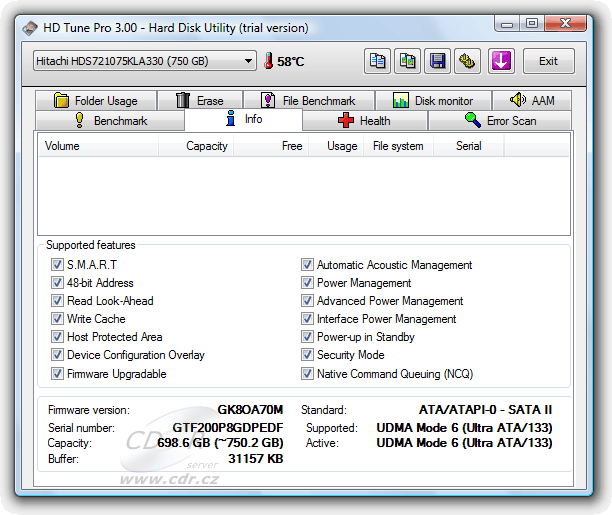 HDTune Info: Hitachi Deskstar T7K1000 HDS721075KLA330