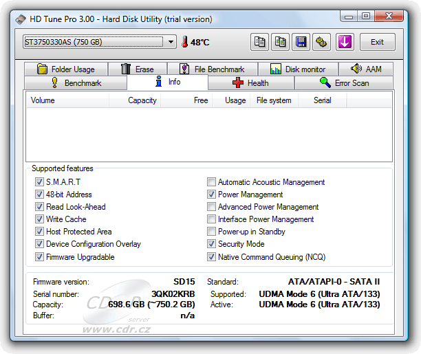 HDTune Info: Seagate Barracuda 7200.11 ST3750330AS