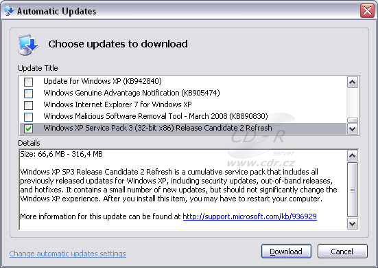 Windows XP SP3 RC2 Refresh v automatických aktualizacích