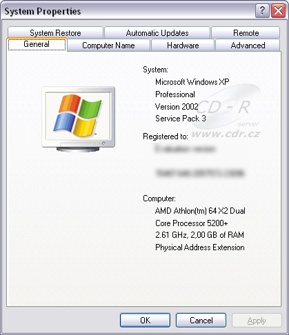 Vlastnosti systému - Obecné - Windows XP SP3 (RC2 Refresh)
