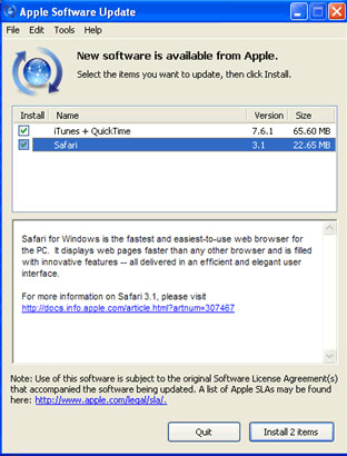 Apple Software Update - iTunes + QuickTime a Safari for Windows