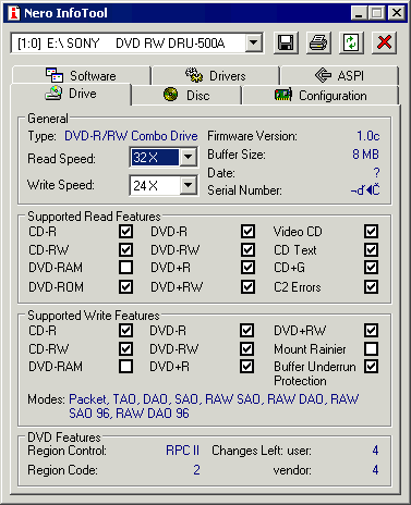 Sony DRU-500A Nero InfoTool