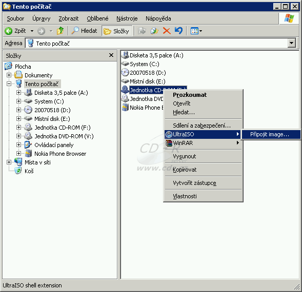 Připojení image do virtuální mechaniky ISO Drive v průzkumníku W