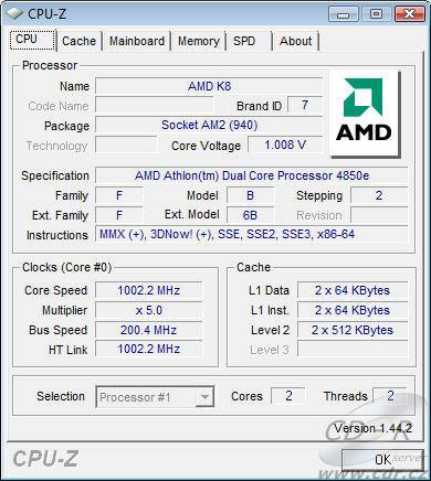 AMD 780G, Athlon X2 4850e a Radeon HD 3200 IGP v testu: CPU-Z