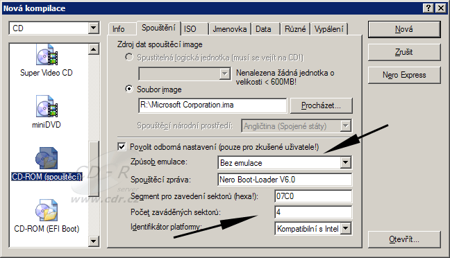 Nastavení parametrů spouštěcího CD-ROM pro Windows XP