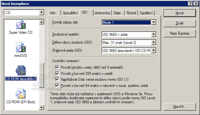 Nastavení parametrů ISO pro spouštěcí CD-ROM pro Windows XP