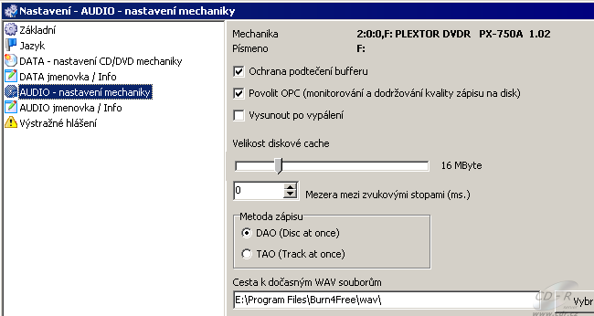 Burn4Free - nastavení: AUDIO nastavení mechaniky 