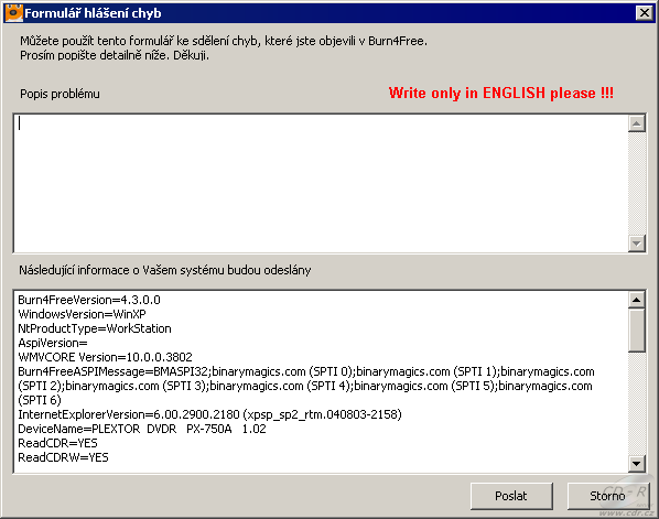 Burn4Free - formuláš pro nahlášení chyb