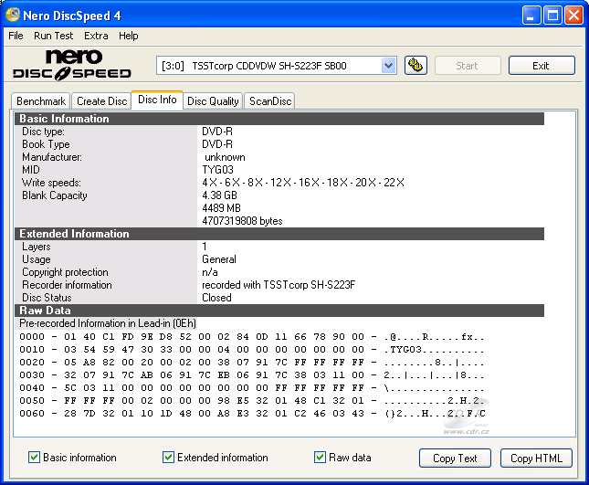 Samsung SH-S223F - CDspeed disc info TY DVD-R 16×@22×