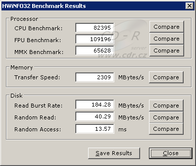 HWiNFO32 - Benchmark (Phenom X3 8750, Samsung 640 GB SATA, 2×2 G