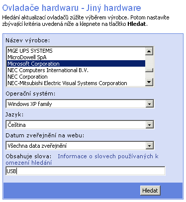 Windows Update - Katalog systému Ovladače USB