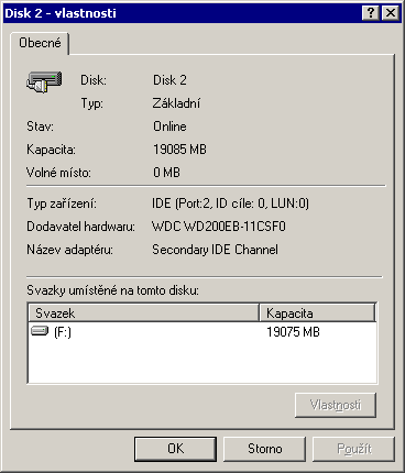 Vlastnosti skutečného 20 GB disku - IDE