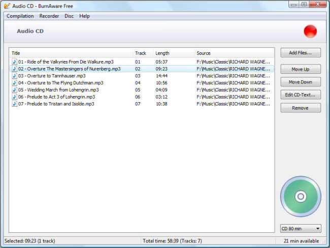 BurnAware free - vypalování na CD-DA