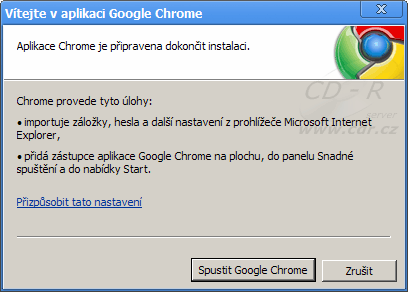 Google Chrome - dokončení instalace