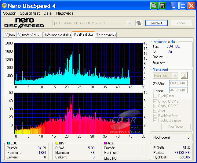 LiteOn DH-4O1S - CDspeed kvalita BD-R DL Panasonic 2×