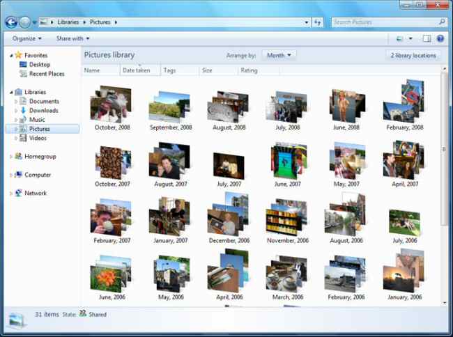 Windows 7 explorer Libraries fotky dle data