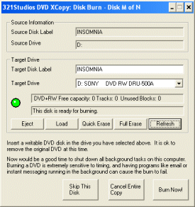 DVD X Copy 1.3 Burning Dialog