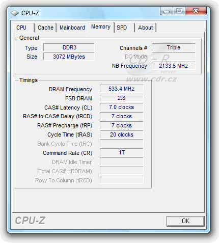 CPU-Z: Paměti - 1 GB DDR3-1066 CL7, Qimonda