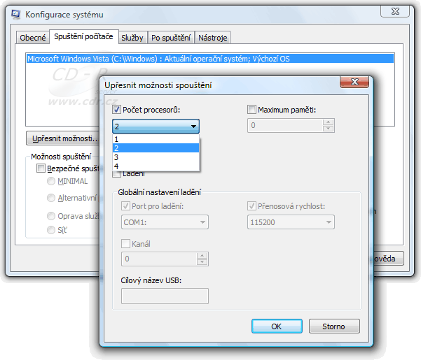 Windows Vista - MSCONFIG - nastavení počtu procesorů