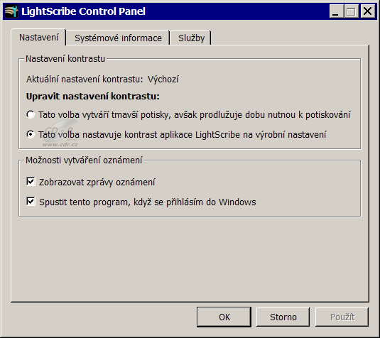 Nero 9 - LightScribe Control Panel nastavení