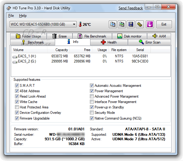 WD10EACS - HDTune Pro - informace