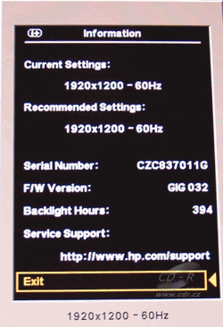 HP LP2475w - OSD info