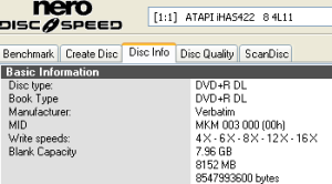 LiteOn iHAS422 - DVD+R DL Verbatim 8× info