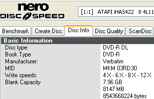 LiteOn iHAS422 - DVD-R DL Verbatim 8× info