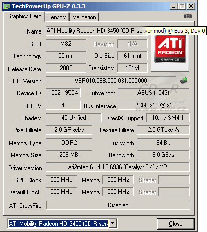 GPU-Z: ATI Mobility Radeon HD 3450 s ATI Catalyst 9.4