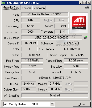 GPU-Z: ATI Mobility Radeon HD 3450 s ovladači od ASUSu
