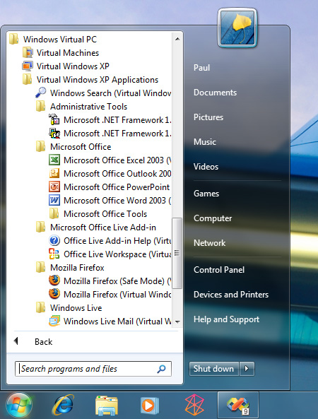 Windows XP Mode: Aplikace v nabídce Programy ve Windows 7