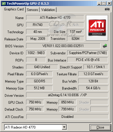 Sapphire ATI Radeon HD 4770 - GPU-Z info