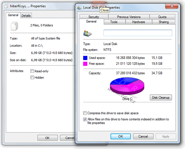Windows 7 - obsazené místo na disku