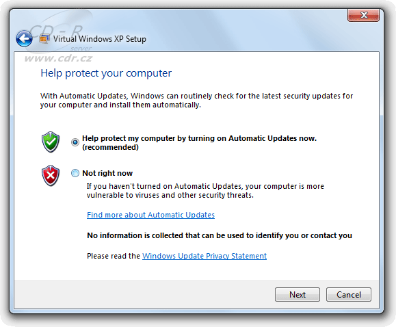 Virtual XP Mode - Setup - nastavení automatických aktualizací