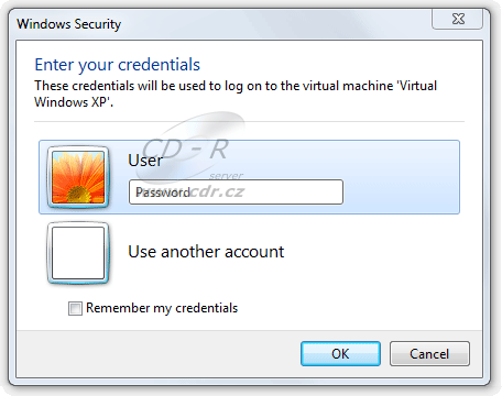 Virtual Windows XP - přihlášení