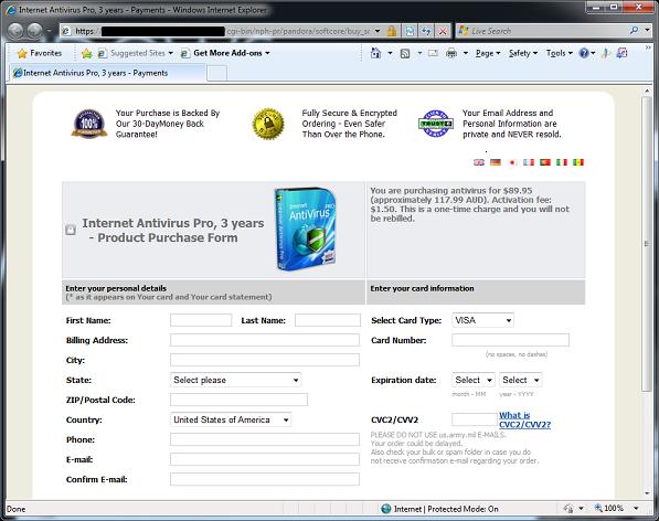 Internet Antivirus Pro - stránka s placenou registrací za falešný antivir