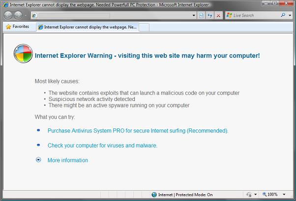 Falešný antimalware Spyware Protect 2009 - hlášení v Internet Exploreru