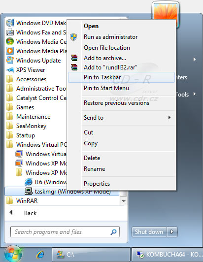 Windows XP Mode: Pin to taskbar ze Start Menu