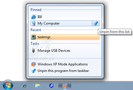 Windows XP Mode: Možnosti přišpendlené ikony Virtual XP Mode Applications